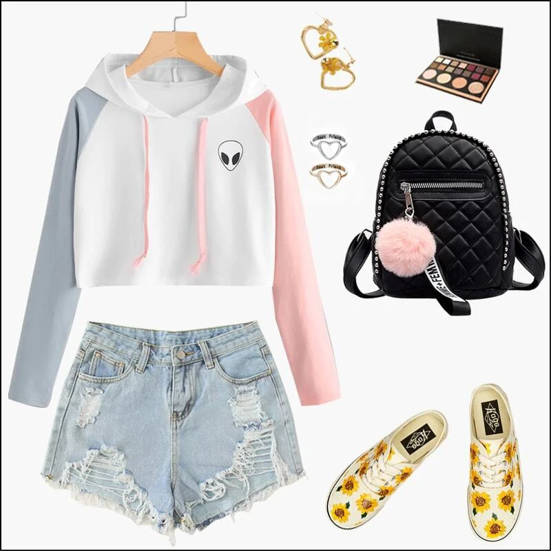 Dotfashion, цветная, с принтом инопланетян, укороченная толстовка, женская, повседневная, осенняя, с капюшоном, с длинным рукавом, пуловеры, для девушек, весна, консервативный Свитшот
