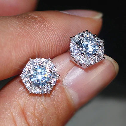 

Luxury Female Crystal White Zircon Stud Earrings Simple Silver Color Hexagon Earrings For Women Vintage Double Earrings