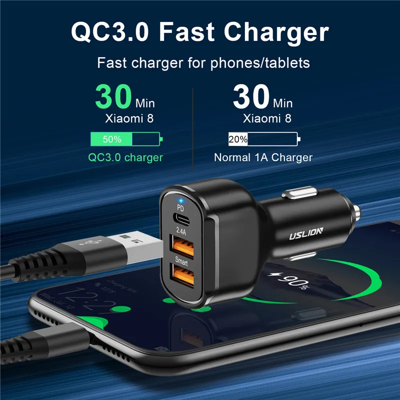 uslion 30w car charge pd 3 ports usb qc4 0qc3 0 type c fast charge for xiaomi huawei samsung mobile phone charger adapter in car free global shipping