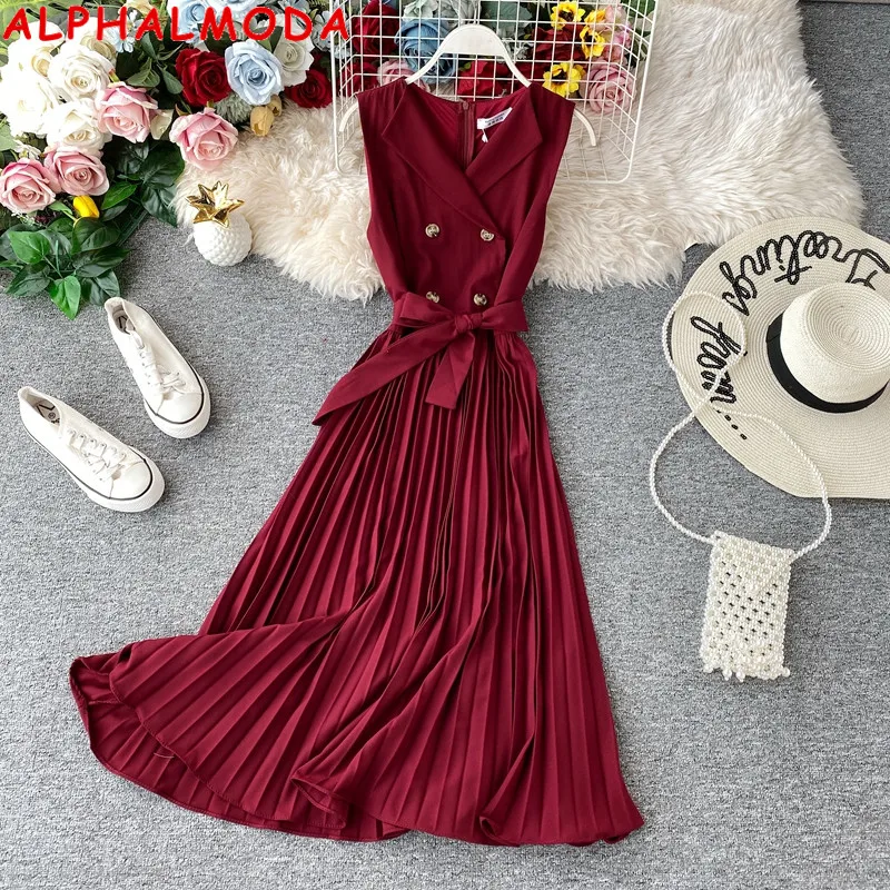 ALPHALMODA элегантное плиссированное платье без рукавов весна 2020 двубортное Ретро
