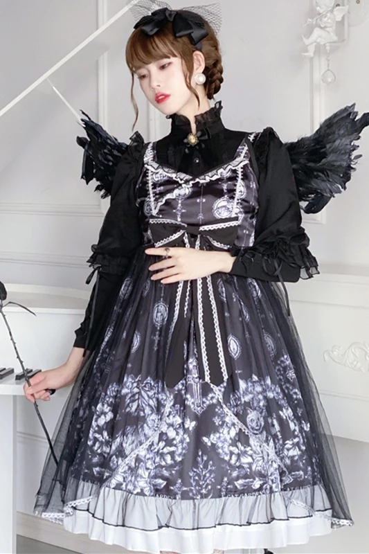 

Women Dress 2021 New Summer Original Japanese Sweet Lolita Bow Stitching Mesh Yarn V-neck Print Suspender Dresses Women