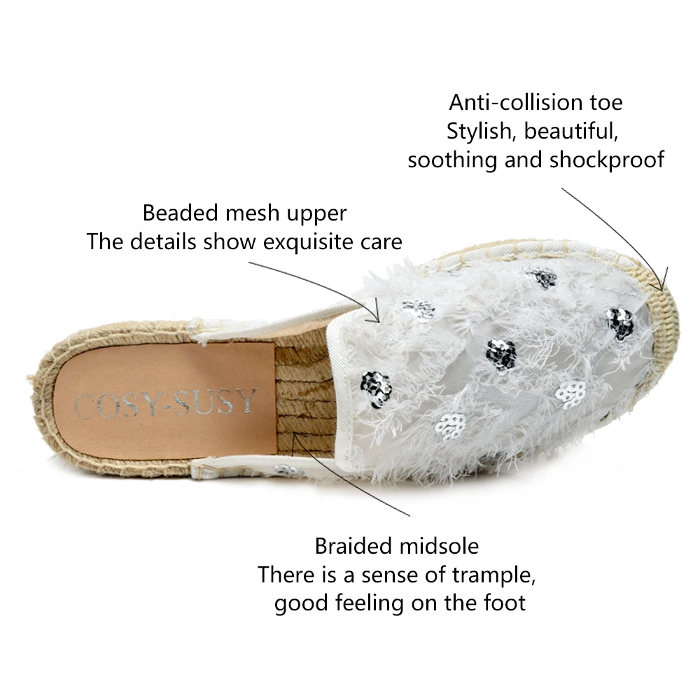 

Summer Bling Sequins Mesh slipper Women loafers Hemp Sole Fisherman Flat platform Heels Espadrilles Woman Lazy Flat Slipper