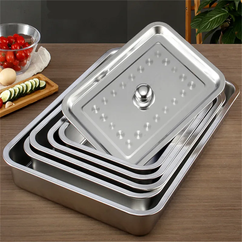 

1mm 304 stainless steel have cover square tray plate Rectangular Plate Barbecue flat bottom Grill Fish Tray BBQ Food Container