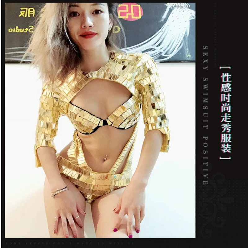 

Stage dance wear female singer DJ dancer clothing Women Sexy gold silver mirror costume