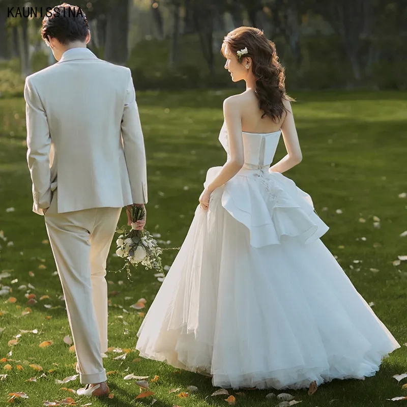 

KAUNISSINA Ball Gown Wedding Dress Strapless Satin Tulle Princess Bride Gowns Floor Length Romantic Bridal Vestidos De Noiva