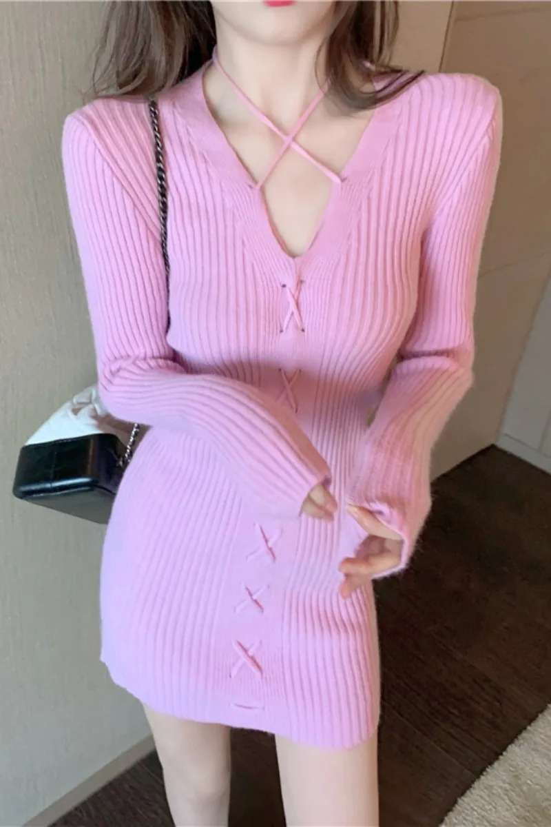 

Net red with women's 2021 spring new socialite fan design cross lace knit sweater dress