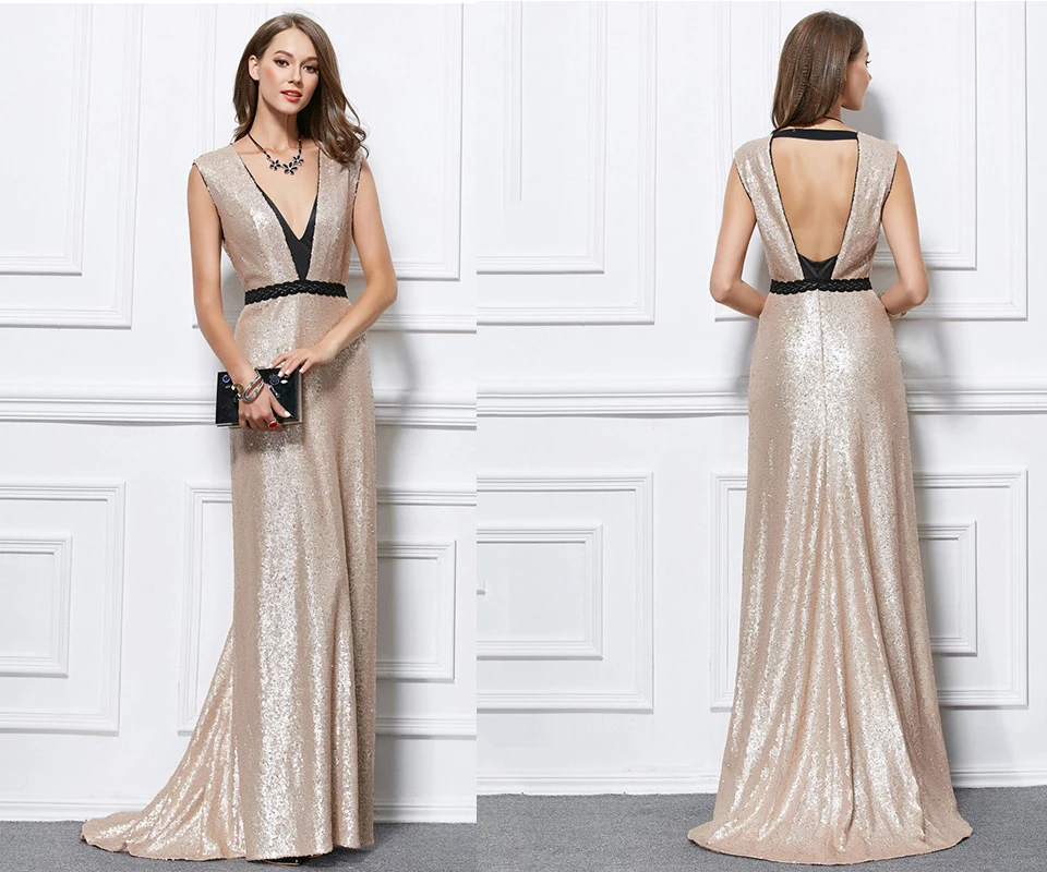 

Женское вечернее платье с блестками горячая Распродажа CK432, Новое Элегантное Длинное облегающее вечернее платье с глубоким V-образным вырез...