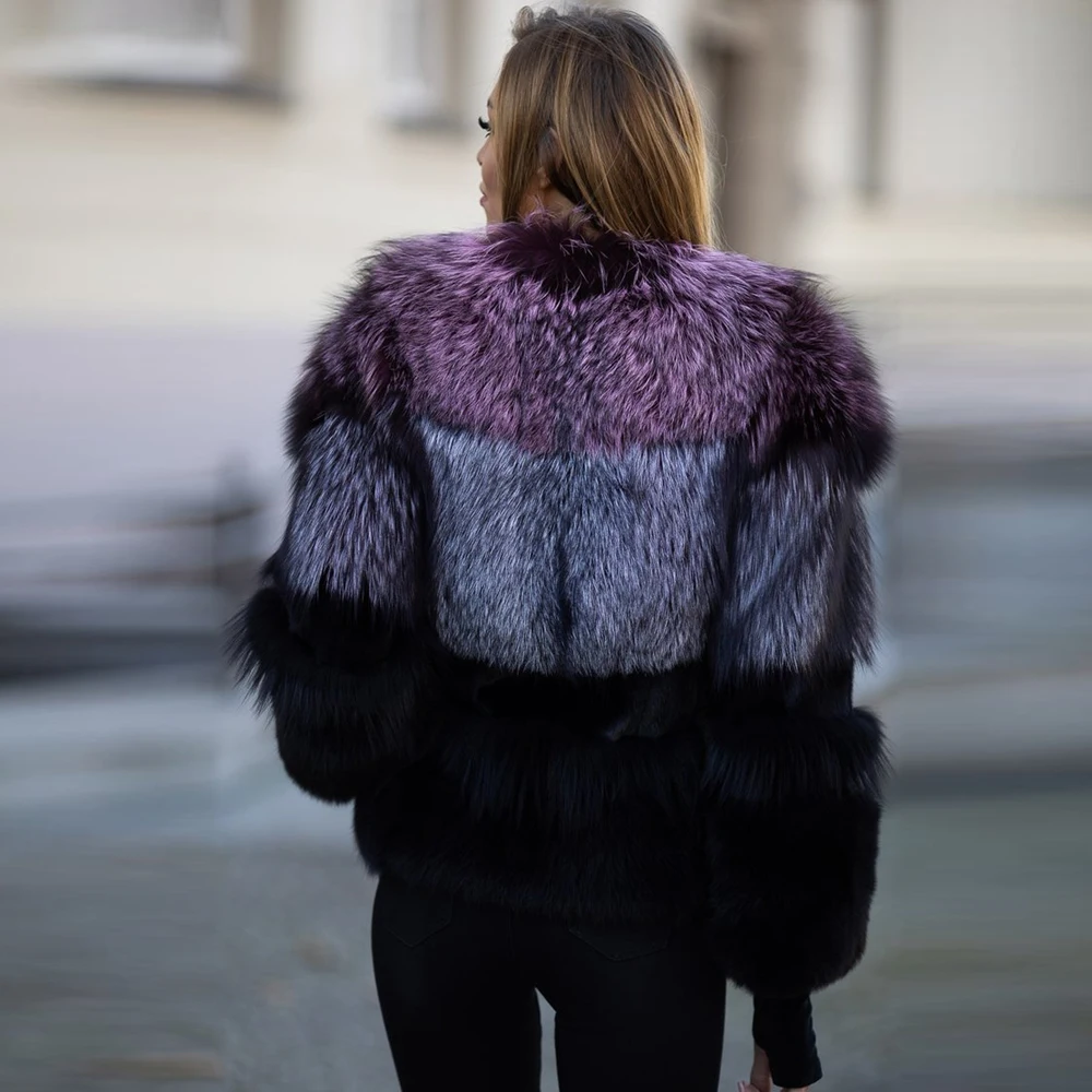 High Quality Real Fox Fur Jacket Round Collar Fashion Color Patchwork Natural Fox Fur Coat Woman Winter Outwear Luxury Overcoats