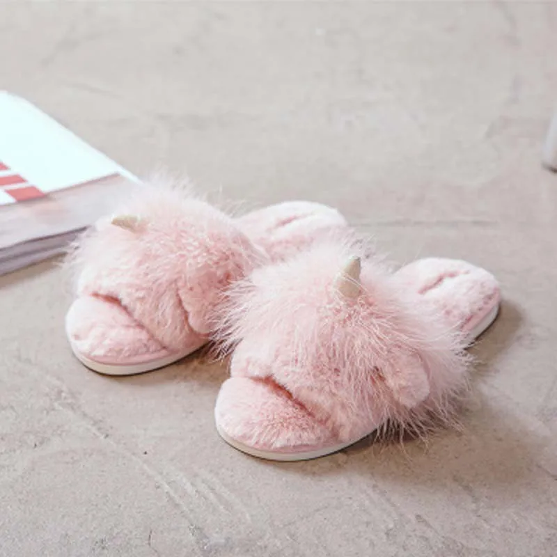 Hot selling handmade plush shoes  hot style one-word cotton slippers for home wear non-slip plush slippers women