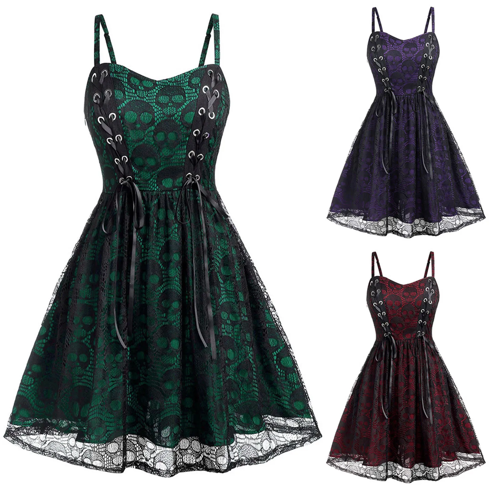 

Fashion Skull Print Spaghetti Strap Dress Women Halloween Cross Bandage Party Sexy Mini Dress Female Lace Up Gothic Tunic Dress