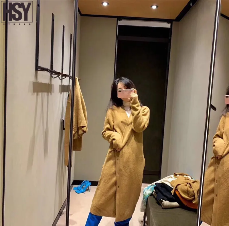 【HSY】 осенний высококачественный Женский шерстяной окрашенные пуговицы украшения длинный рукав v-образный вырез длинный кардиган, вязаный свитер платье 2 цвета