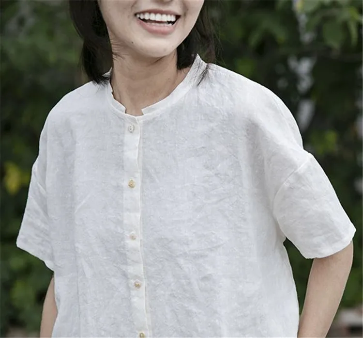 

Original simple white pure ramie short sleeve top women's loose front short back long cardigan small short shirt summer