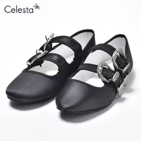 2022celesta easy to walk metal buckle womens flat shoes flat pumps kung fu shoes china shoes ballet shoes velor croco embossed