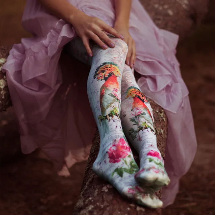 Женские бархатные колготки с принтом цветов и птиц в стиле ретро 80D оптовая