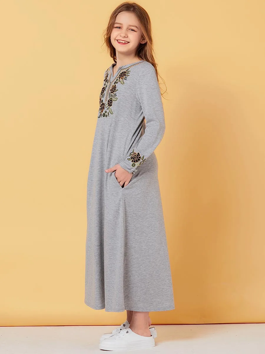 Женское серое мусульманское платье Цветочная Абая для детей Женский кафтан