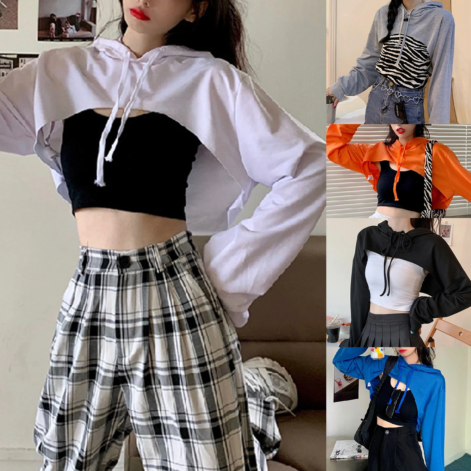 Women Solid Color Long Sleeve Drawstring Micro Hoodie Irregular Short Sweatshirt