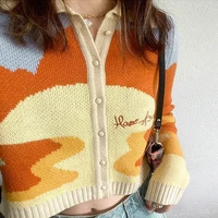 Womens Sunset Painting Cropped Cardigan Collared Long Sleeve Button Up Sweater Schoolgirl e-girl Day Tripper Cardigan 