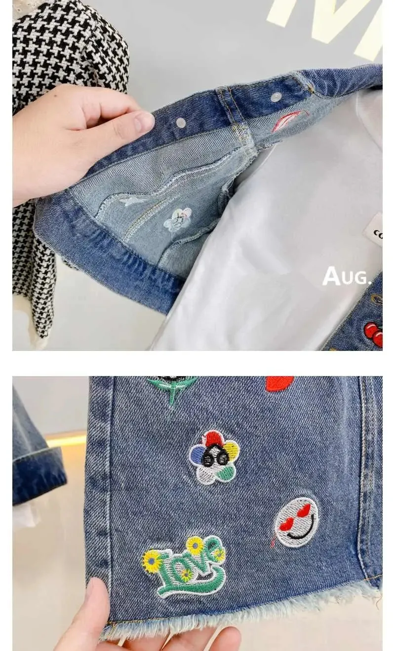 

2020 New Autumn Baby Girl Fashion Korean Embroidery Denim Jacket High Waist & A-line Skirt Suit Children Kids Two-piece Sets