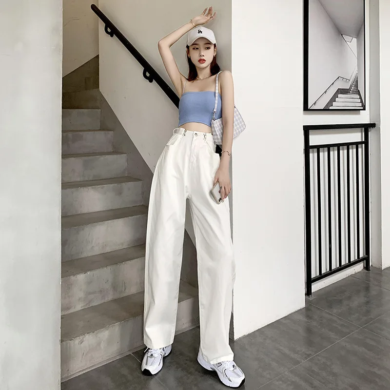 

White Wide Leg Pants Women Characteristic Button High Waist Denim Pleated Mopping Trousers BF Wind Lady Straight Loose Trousers