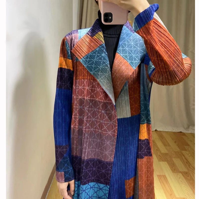 Changpleat Осень женский Тренч с принтом miyak плиссированный модный дизайн стоячий воротник длинный рукав кардиган длинные пальто