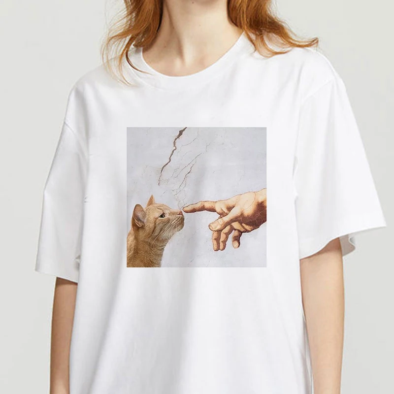 Картина маслом Кот Графический Футболка для женщин Ullzang милый эстетический
