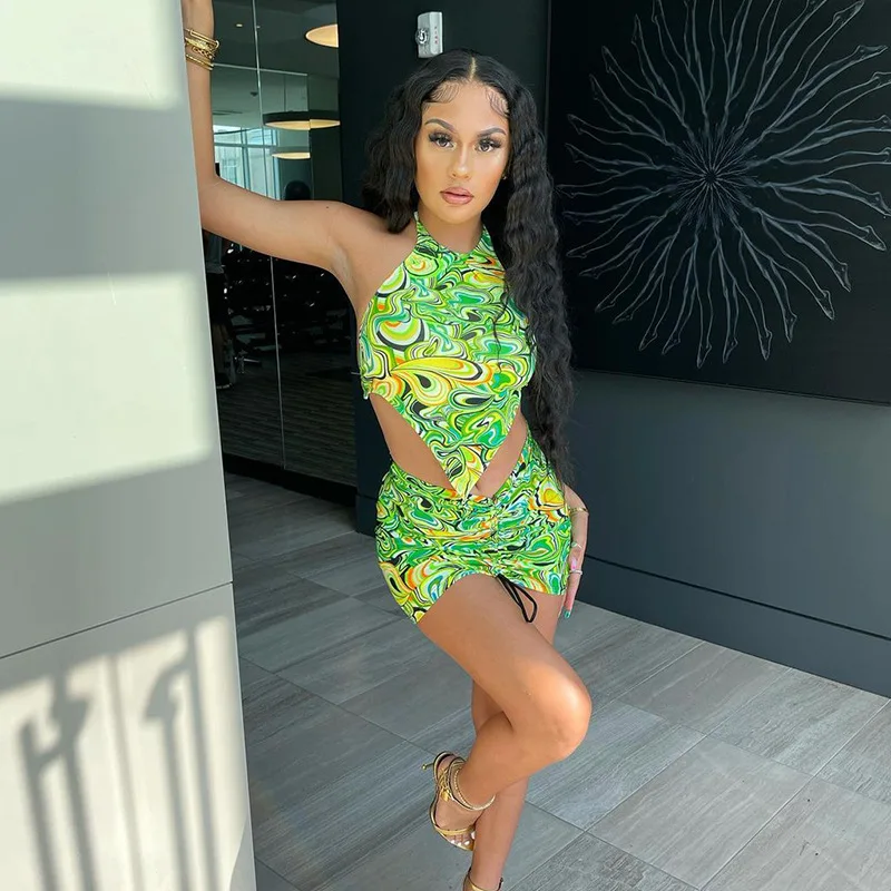 

Y2K Print Hollow Out Sexy Dress Sleeveless Bodycon Female Clothing Mini Dress Suit Fashion Streetwear Summer Women's Dress 2021