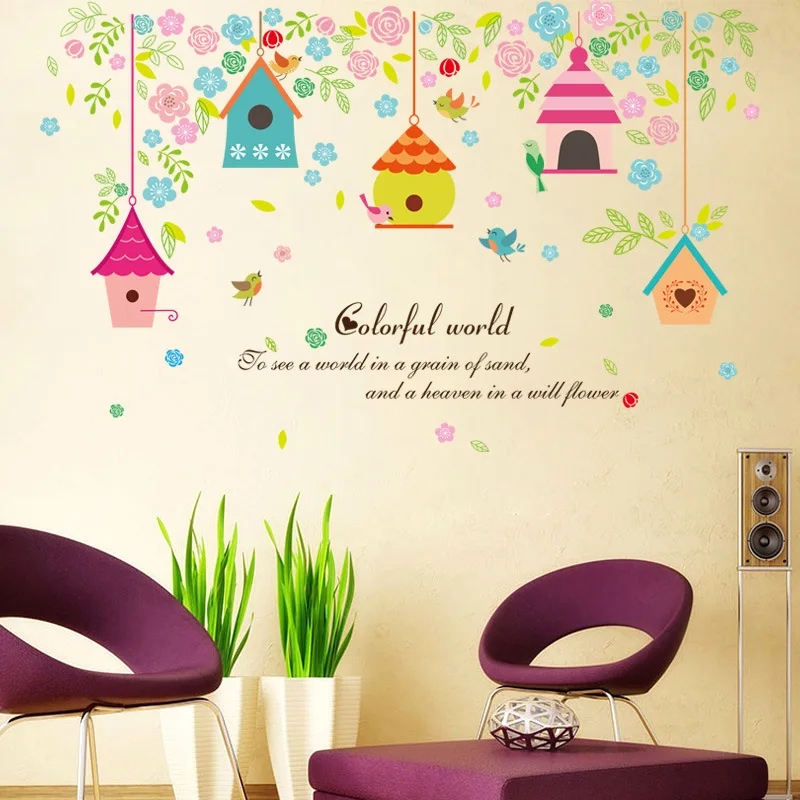 

Colourful House Flower Birds Pattern Wall Stickers For Tv Sofa Background Decoration Kids Room Wall Mural Art Diy Home Decals