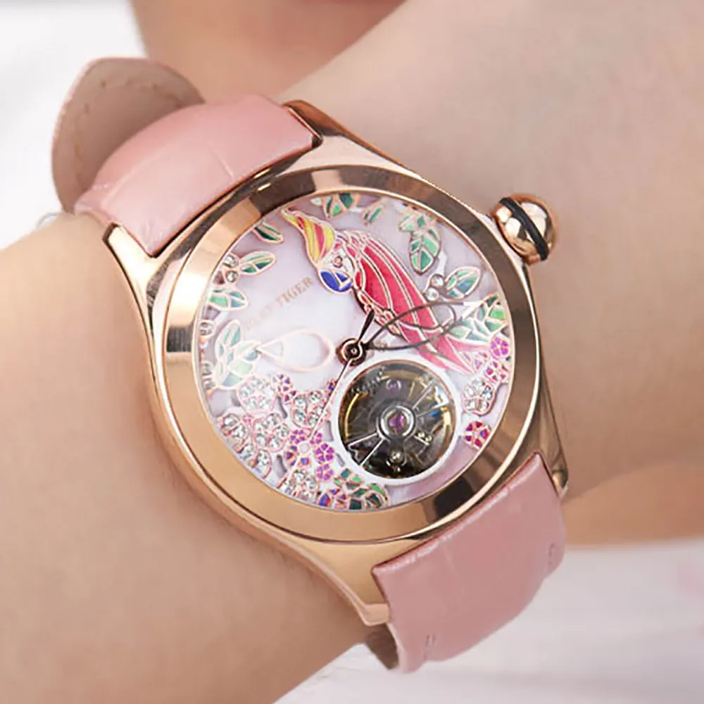 Reef Tiger Top Brand Design Luxury Women Watches Pink Dial Leather Strap Mechanical Watch Rose Gold Fashion reloj mujer | Наручные часы