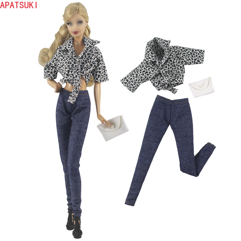 

Fashion Outfits For Barbie Doll Clothes Set Leopard Shirt Blouse Denim Jeans Pants Purse Bag 1/6 Dolls Accessories Kids Toys