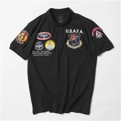 Черный 2019ss, Ретро стиль, USAFA, топ, пистолет, рубашка поло, Мужская одежда, брендовая, летняя, короткий рукав, военный, ВВС, один топ, пистолет, армейский USN MA1 USMC - Цвет: Черный
