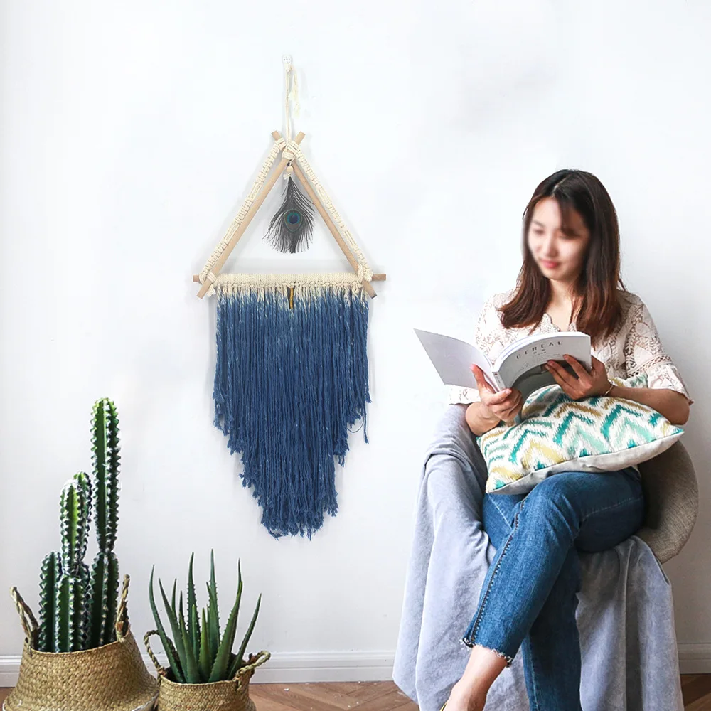 

Nordic creative hand-woven tapestry triangle peacock feather home wall hanging bohemian tapestry