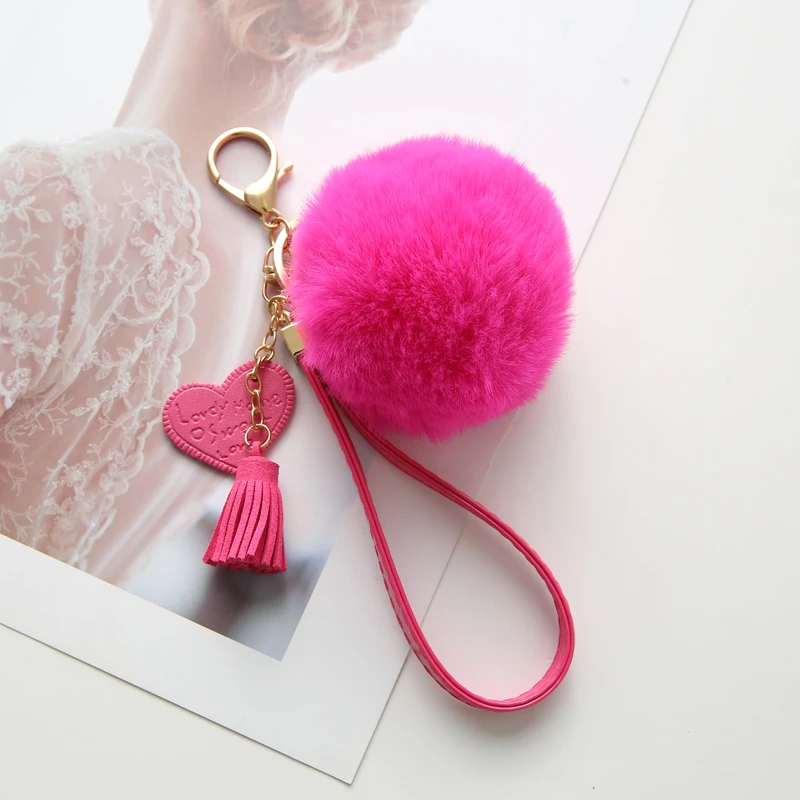 

Fashion Rabbit Fur Ball Key Chain With Leather Tassel Pompom Key Ring Holder for Women Bag Car Jewelry Acessory NGL003