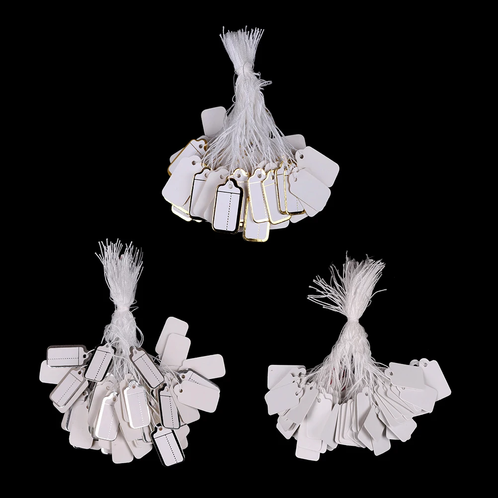 

100PCS/Lot Display Merchandise Price Tags White/Silver/Gold Rectangular Label Tie String For Jewelry Clothes