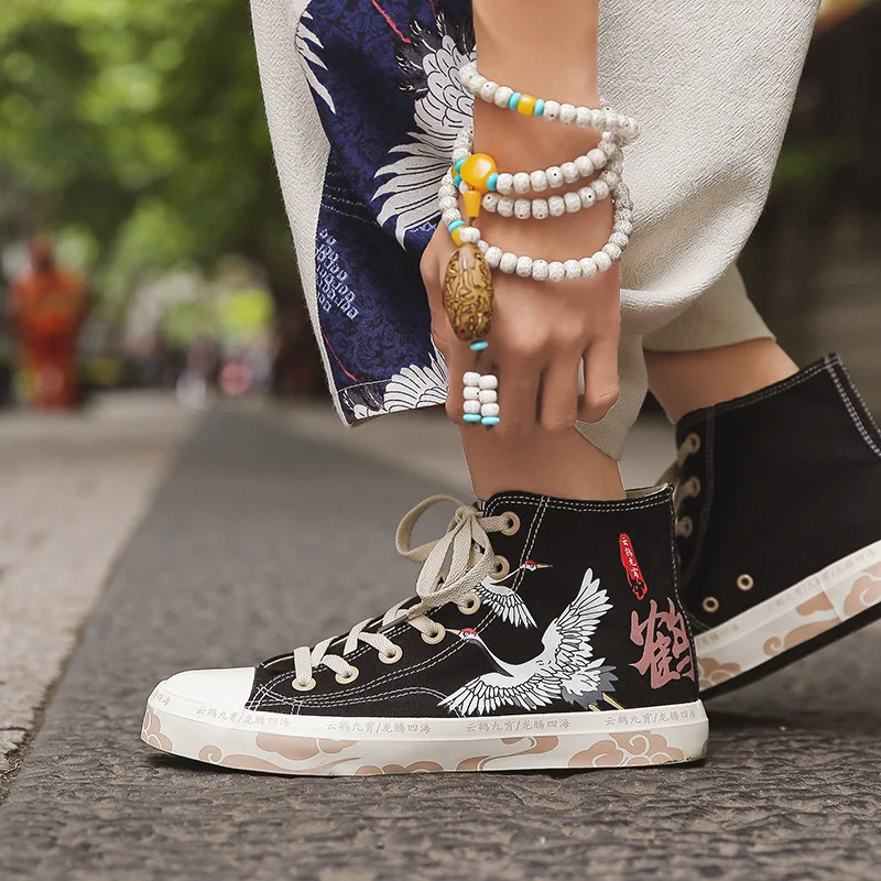 Couples Chinese Style Crane Print Canvas Single Shoes Men Women Japanese Harajuku Short Boot Footwear Fashion Retro Ankle Boots |
