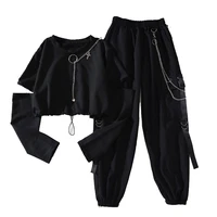 spring autumn women harajuku cargo pants handsome cool two piece suit chain long sleeveribbon pants