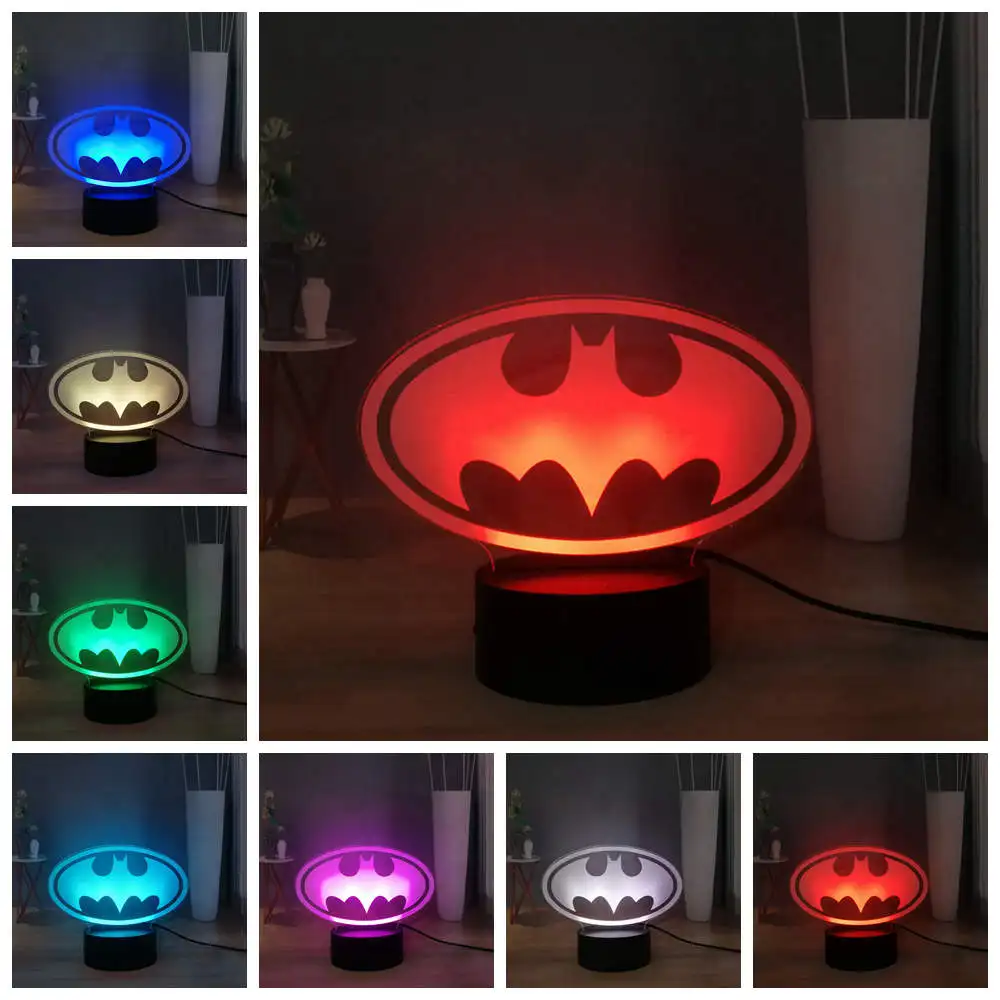 3D классная Настольная лампа с логотипом Бэтмена, RGB, 7 цветов, USB светодиодный Ночной светильник, прикроватная лампа супергероя Marvel, подарки для детей, подарок на день рождения