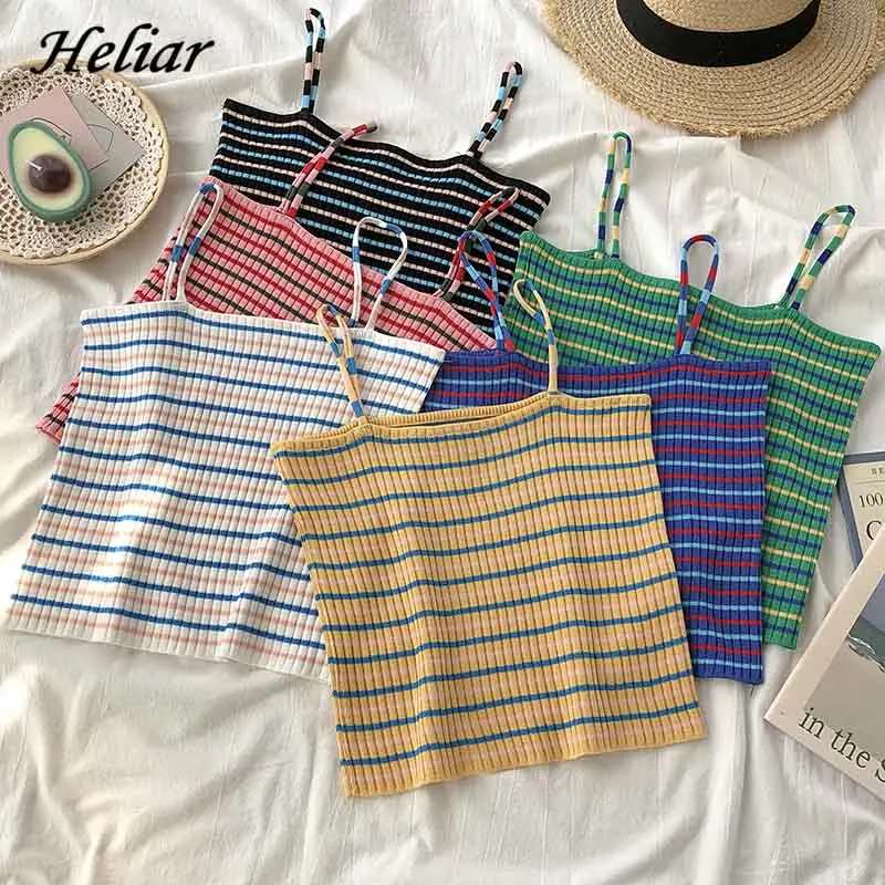 

Women Croped Tops Rainbow Striped Knitted Tops 2020 Summer Ladies Sleeveless Spaghetti Sexy Slim Femme Strapless Camis Women