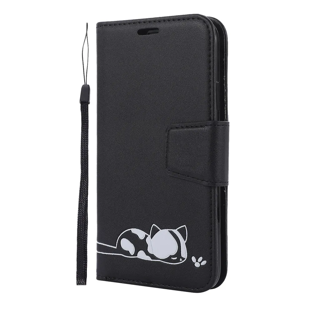 Black Роскошная Кожаная Обложка для книги чехол для huawei P20 P30 Honor 20 Pro 10 Lite P Smart 8A Y6 Y7 Sleepy Cat Flip Shell - Цвет: Black