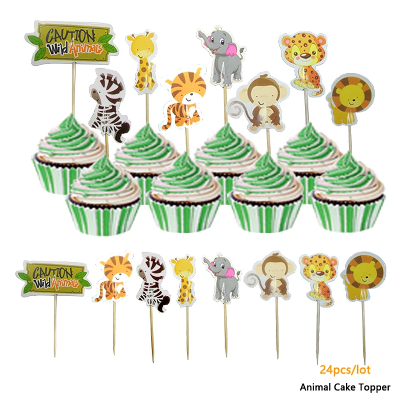

24pcs Safari Jungle Party Animal Cupcake Toppers Picks Birthday Party Decoration Kids Baby Shower Girl Favors Cupcake Toppers