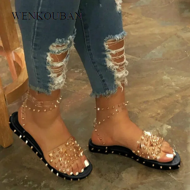 Сандалии женские с заклепками босоножки на платформе и Плоском Каблуке открытым