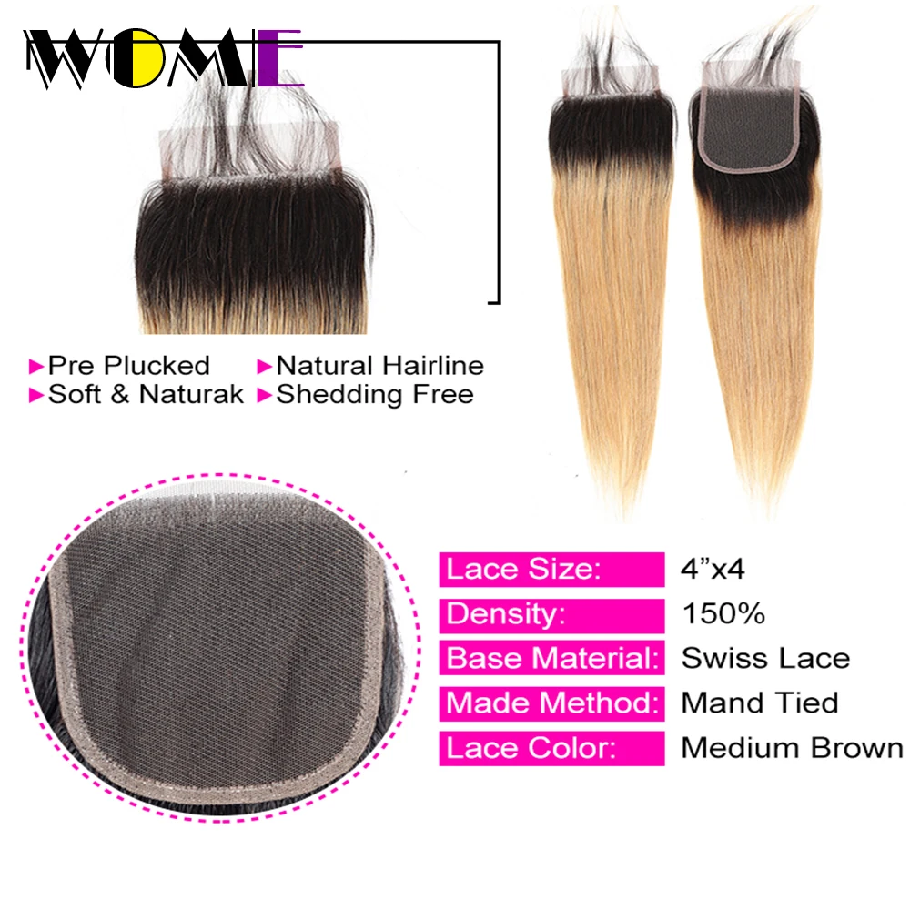 Wome предварительно цветные прямые волосы Омбре переплетения пучки с закрытием 1b/27