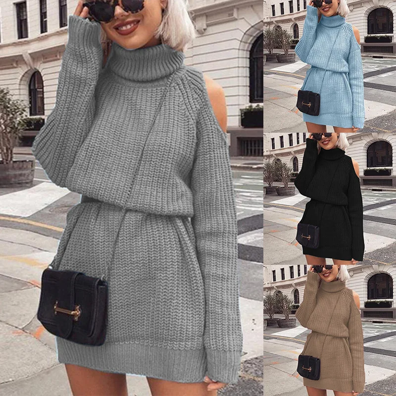 

Autumn and Winter Strapless High Neck Sexy Knitted Sweater Dress Women High Neck Strapless Strapless Dress Casual Pullover