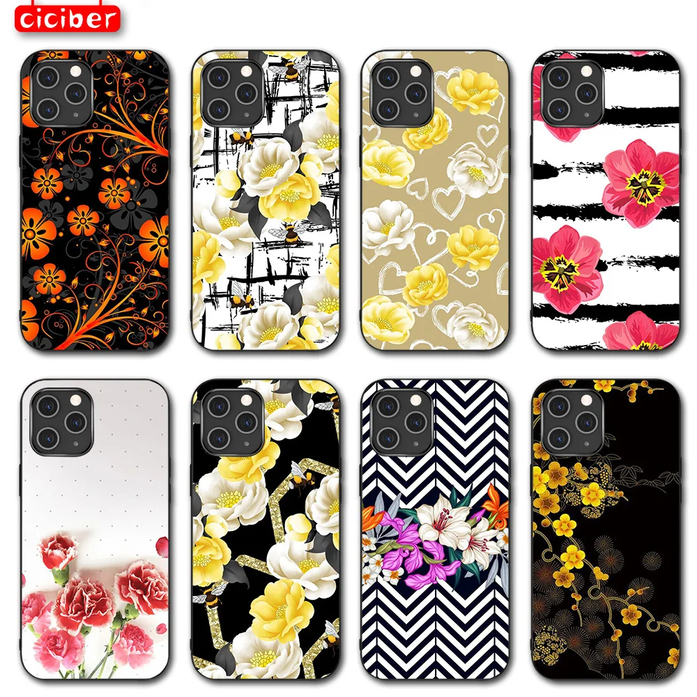 

Beautiful Flower Pattern IPhone 13 12 11 Pro Max Mini 7 8 6 6S Plus X XR XS MAX 5S Soft TPU Phone Case Black Shading Phone Case