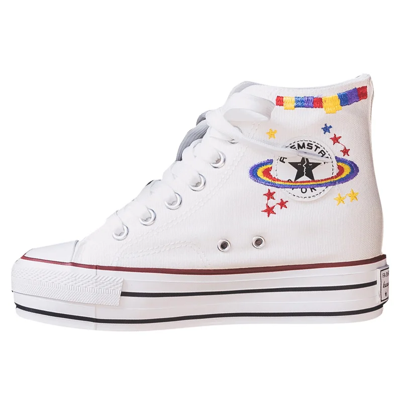 

Women Casual Shoes Internal Increasing High Heel 8.0cm Solid Color Stars Planet Chunky Heel Girls Sneakers Canvas Shoes White