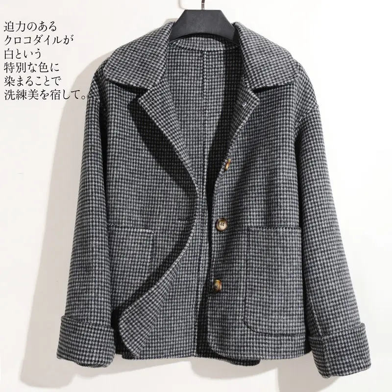 

Spring New Thousand Bird Grid Double-sided Wool Coat Women's Short 100% Pure Merino Wool Overcoat