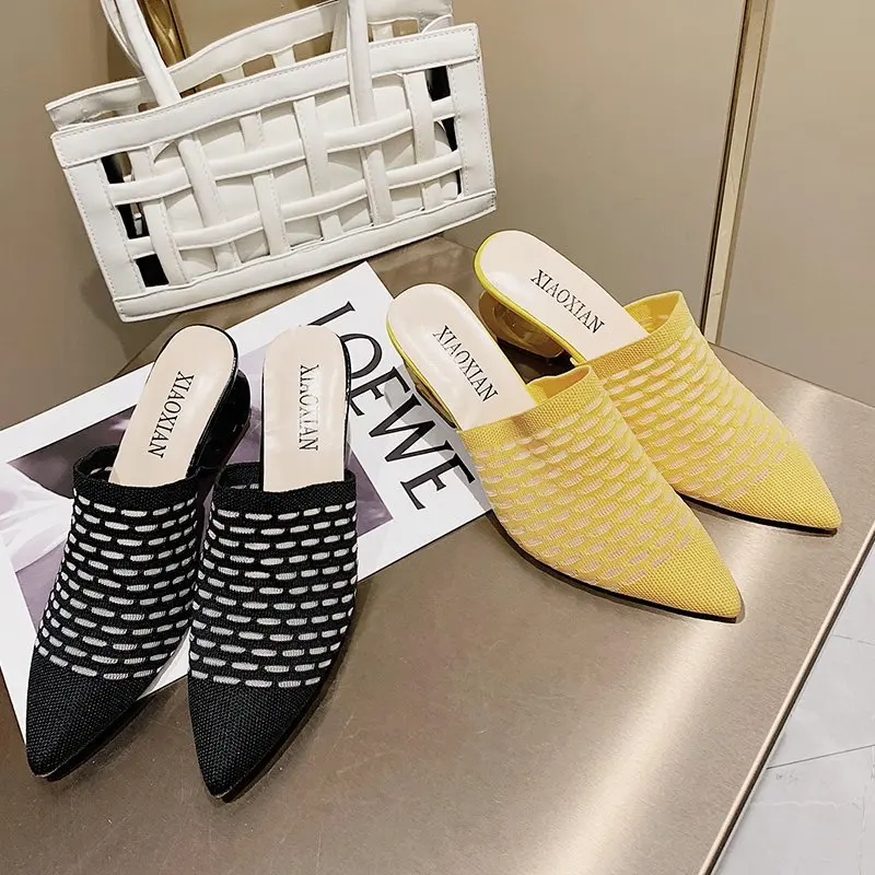 

Fretwork Heels Pointed Toe Slippers Women Shoes Stretch Fabric Air Mesh Mules Flip Flop Slip On Slides Plus Size 43