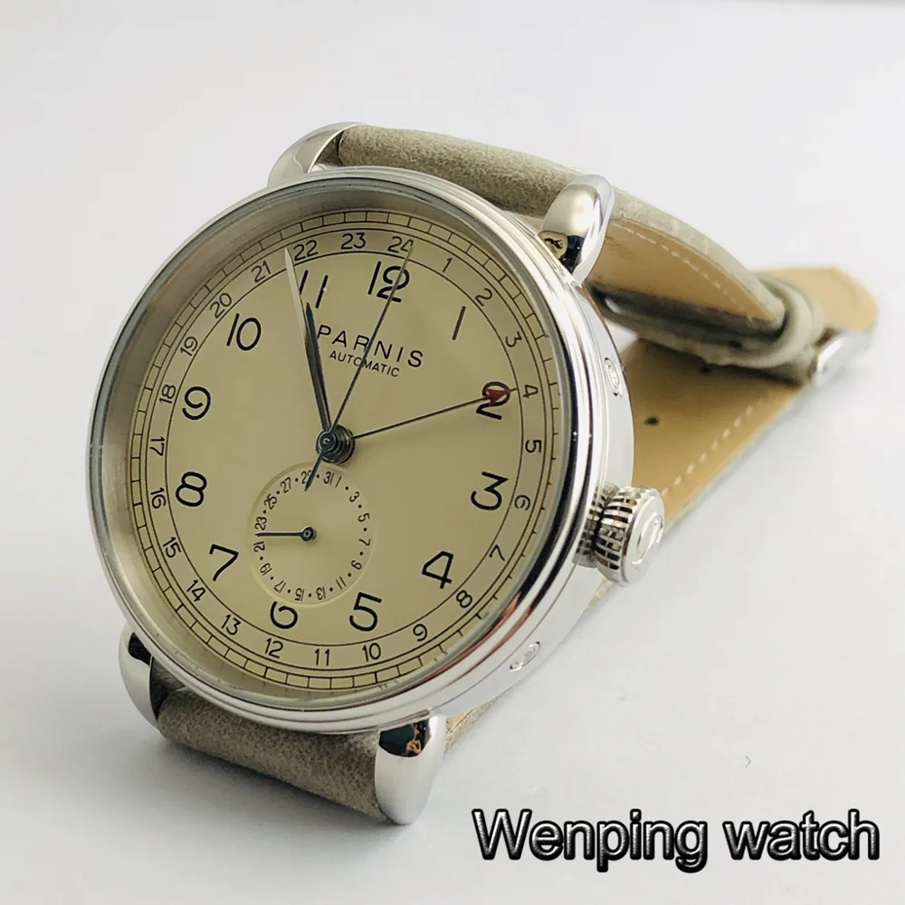 Продажа Новинка Parnis 42 мм GMT Серебряный чехол Арабская марка Дата Окно кожаный ремешок мужские повседневные автоматические механические часы