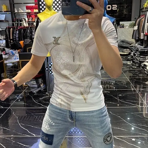 

2021 New Spring and Summer Men's Fashion Letter Embroidered Crewneck Turtleneck Short Sleeve T-shirt