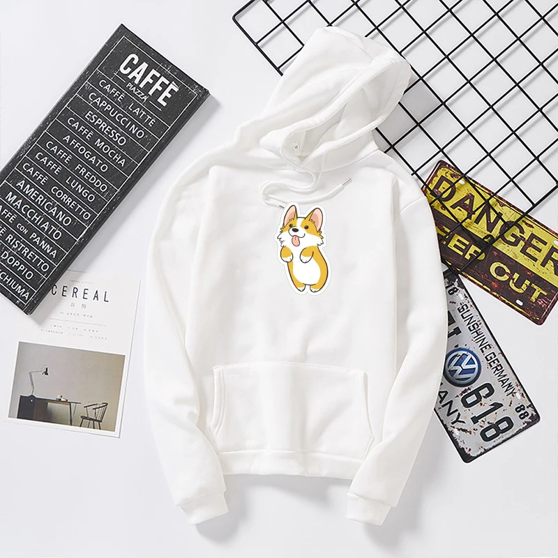 Собака корги печати толстовки Kawaii женские с длинным рукавом Твердые толстовки с капюшоном пуловер пальто пота повседневная спортивная одежда уличная