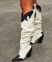 newest black white patchwork knee high boots pointed toe chunky heels motorcycle boots loosed pleated winter long boots